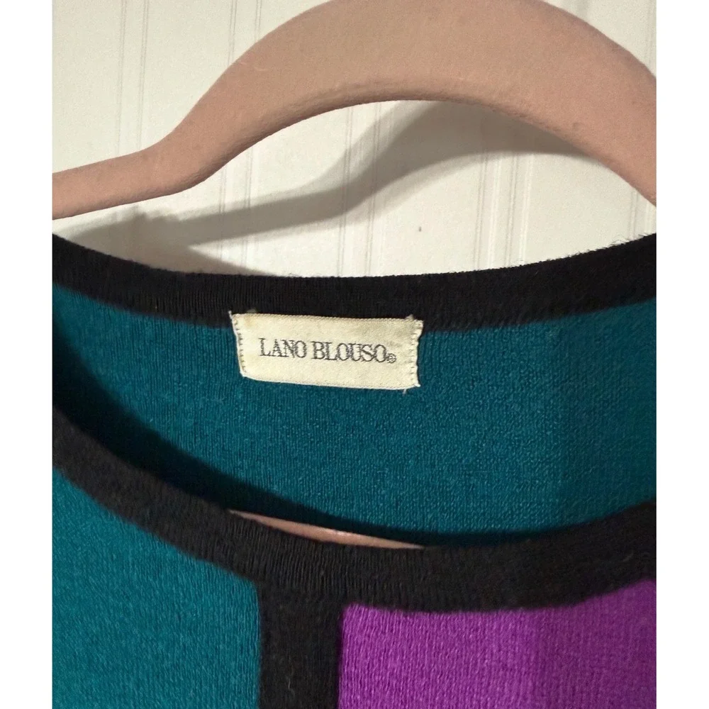 Lano Blouso Vintage Wool Colorblock Sweater Geometric Mondrian Style Teal Purple